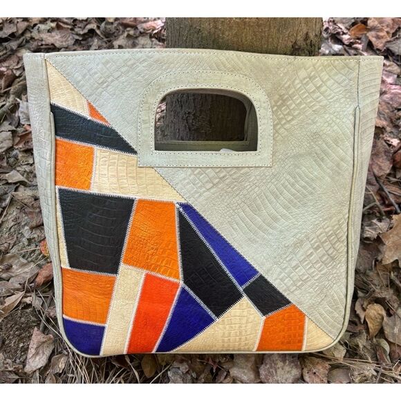 Vintage 1970’s Italian Croc Embossed Leather Patchwork Carry On Large Tote - Picture 5 of 14